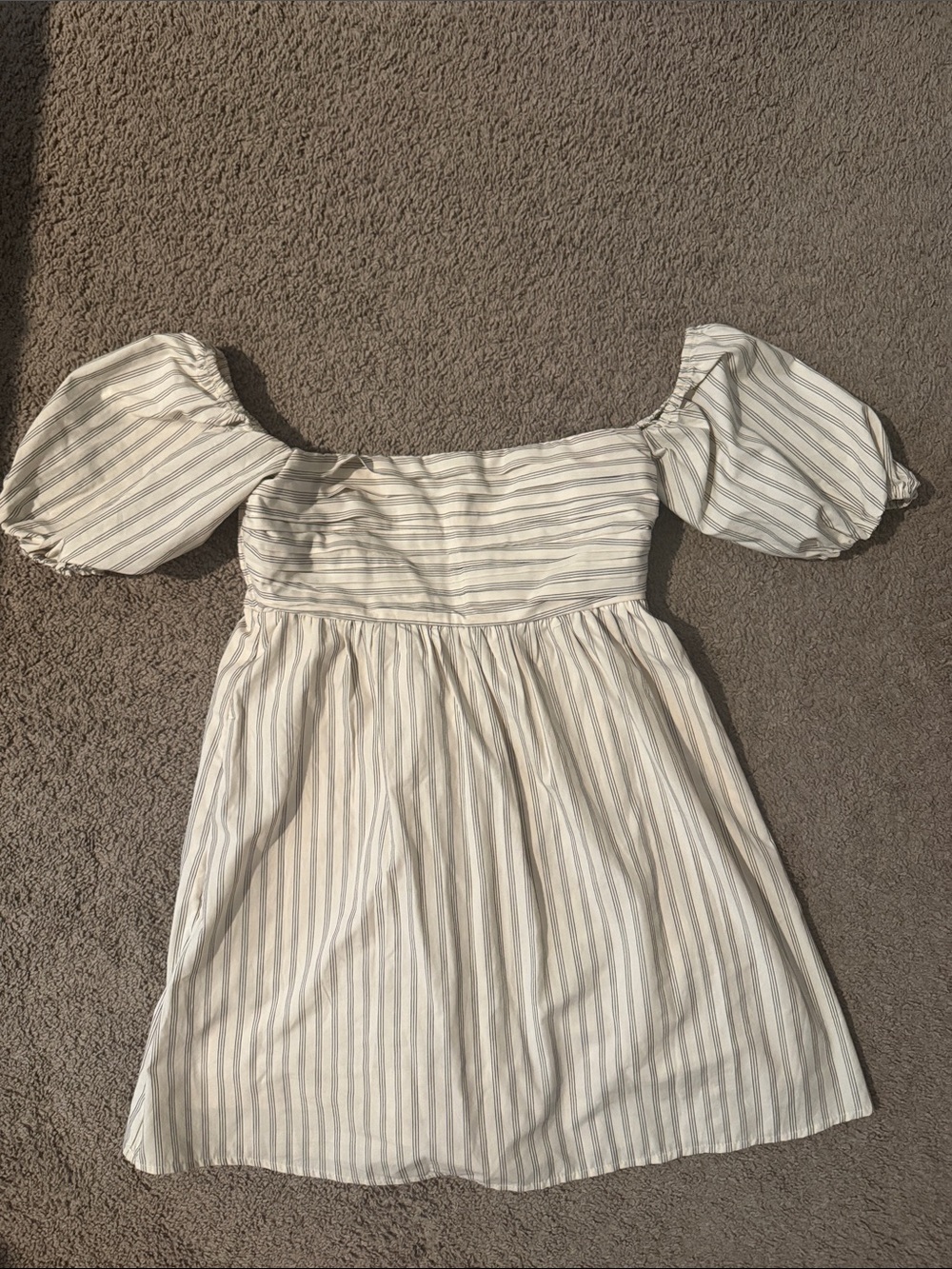 Striped Off-Shoulder Puff-Sleeve Kids Dress - Cream & Gray
